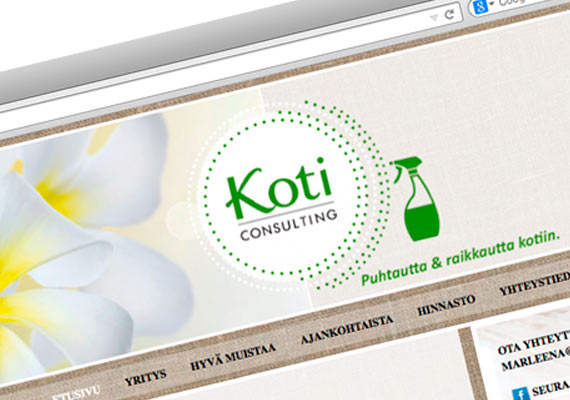 Graafisen ilmeen suunnittelu ja toteutus: logo, lomakkeisto, flyer, www.koticonsulting -sivuston suunnittelu (tekninen toteutus Opiferum Oy). Koti Consulting on yksityinen kotipalveluyritys, joka tarjoaa kattavia ja
korkealaatuisia kodin puhtaanapidon palveluita.
